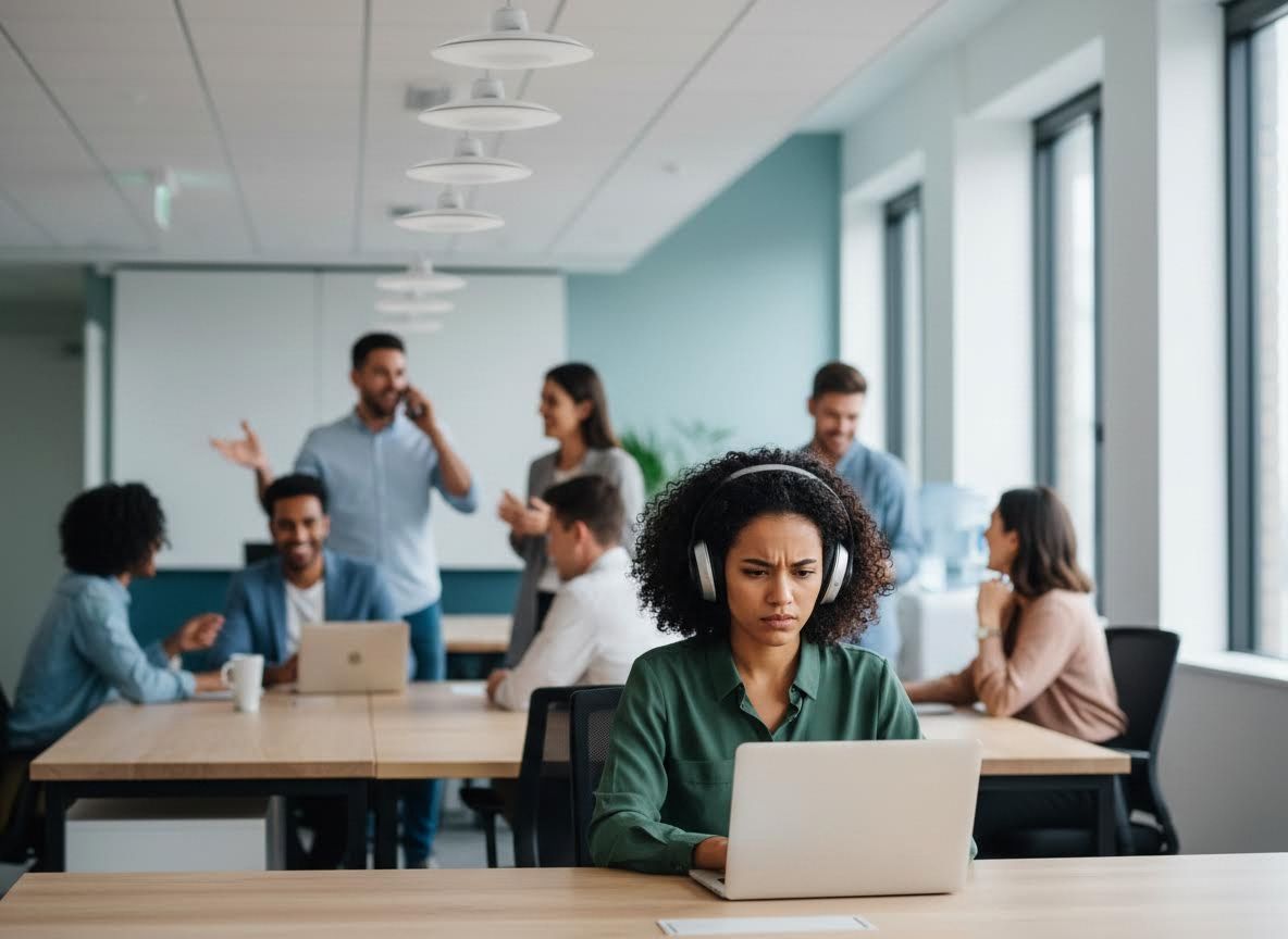 Woman struggling to concentrate in a noisy open office