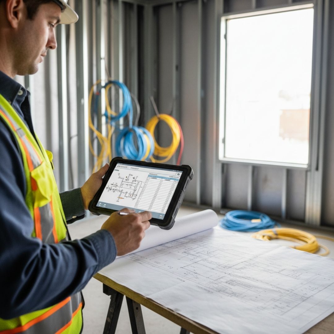 project manager on a construction site reviewing network blueprints 