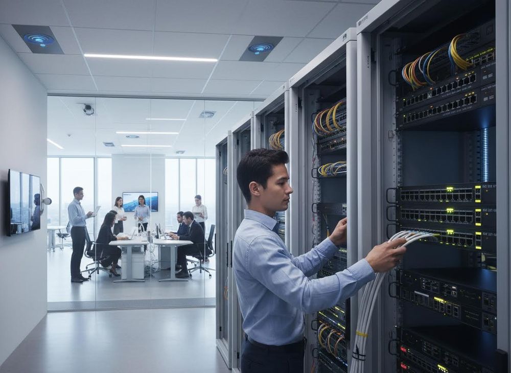 A technician connects network cables in a server rack. A busy office meeting and team collaboration are visible through a glass wall. IT professional managing server racks in a modern office environment