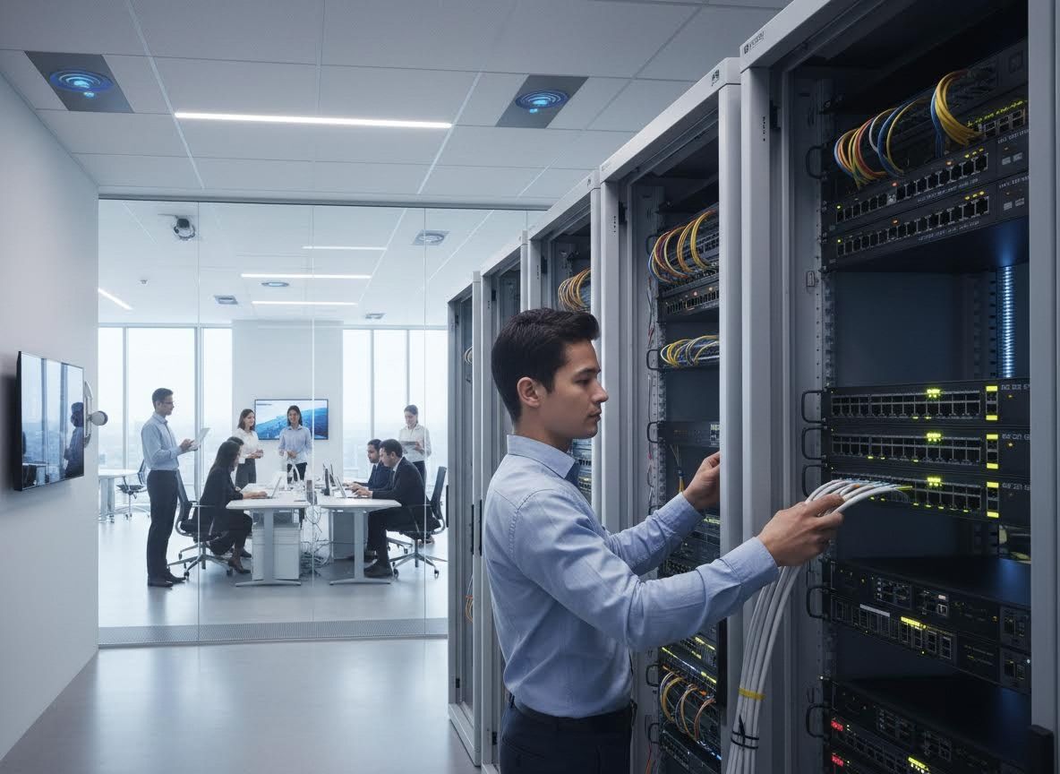 IT professional managing server racks in a modern office environment