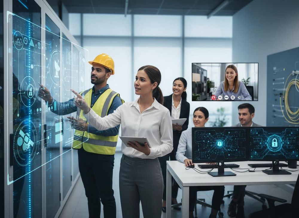Diverse team of IT professionals in a data center collaborating on network security, using advanced holographic interfaces and video calls. IT Professionals Managing Data Security with Holographic Display