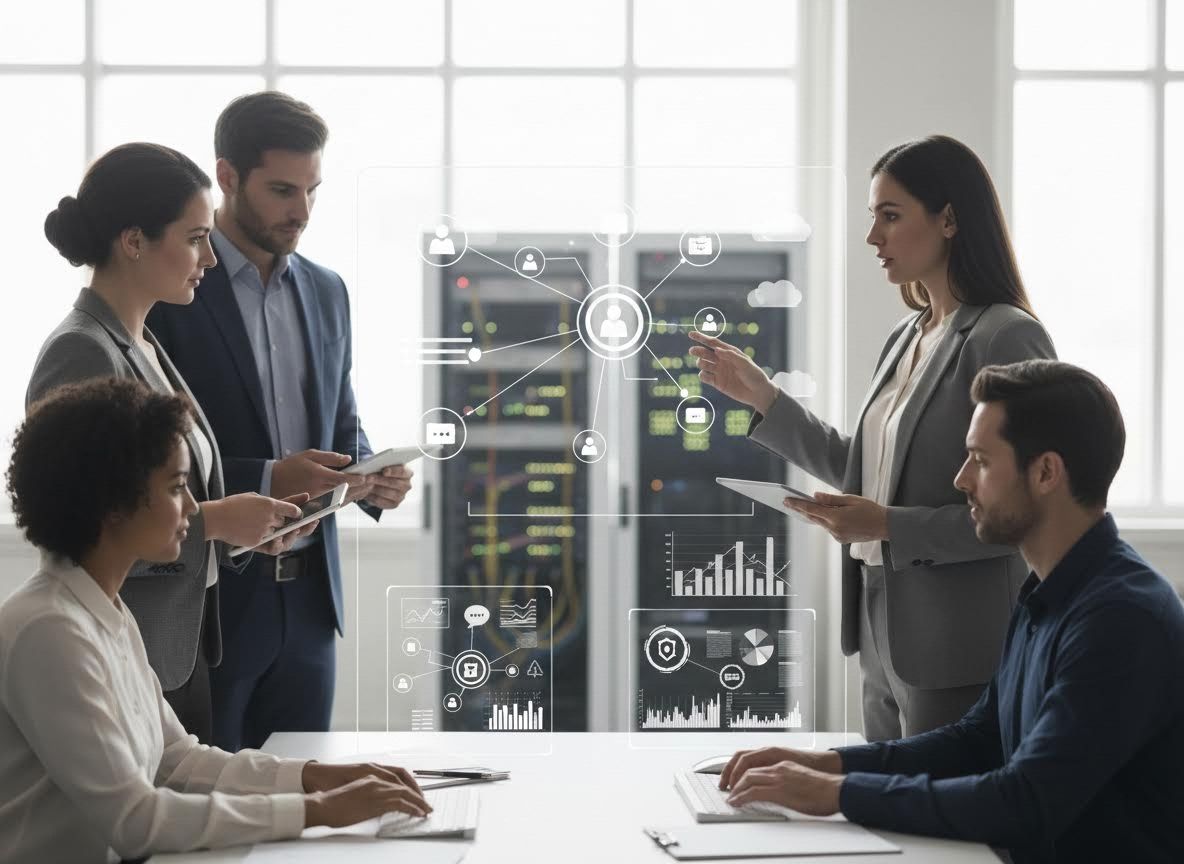 Business Team Collaborating with Holographic Data Visualizations