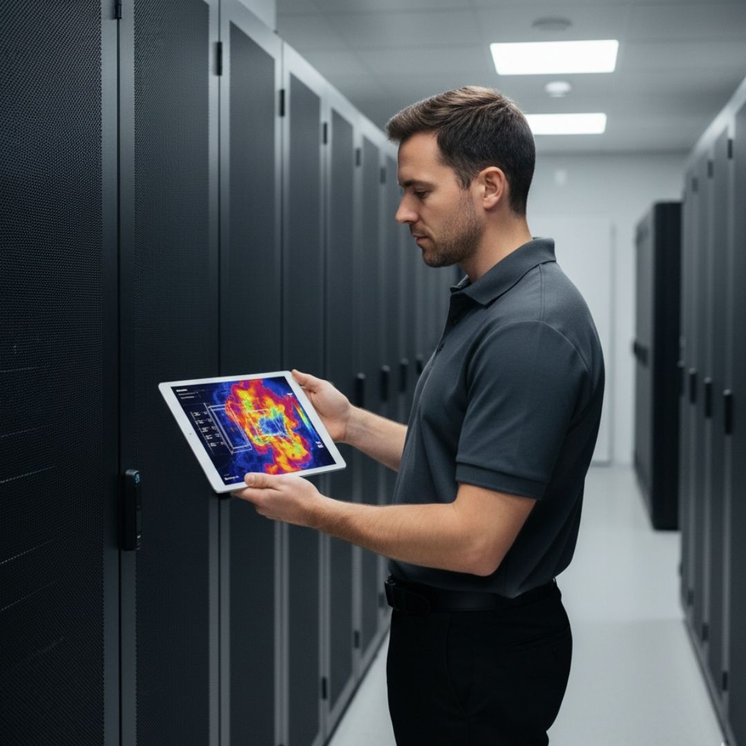 A technician in a data center analyzing a thermal heat map on a tablet next to a high-density server rack.