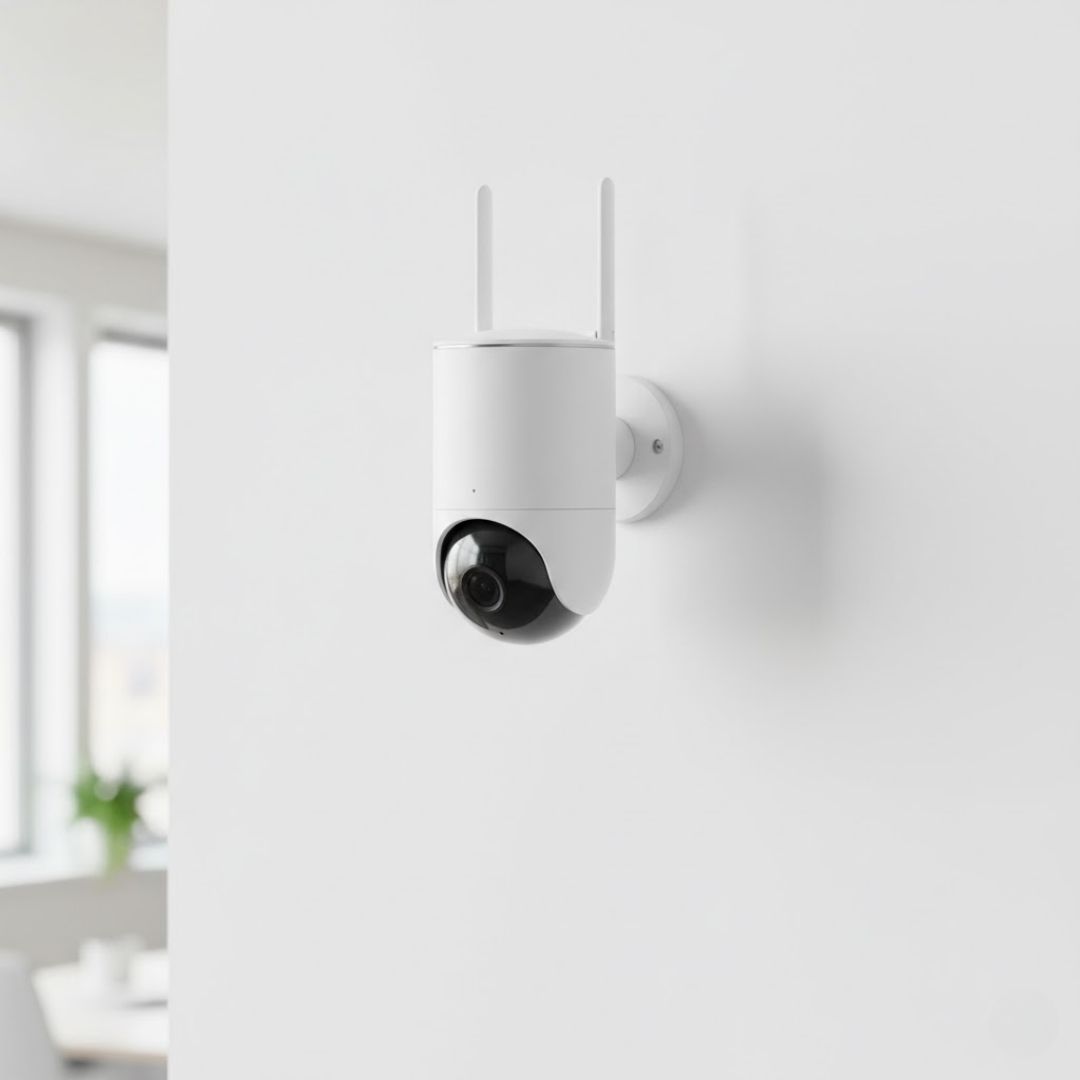 A sleek, modern wireless security camera mounted on a white office wall with no visible wires