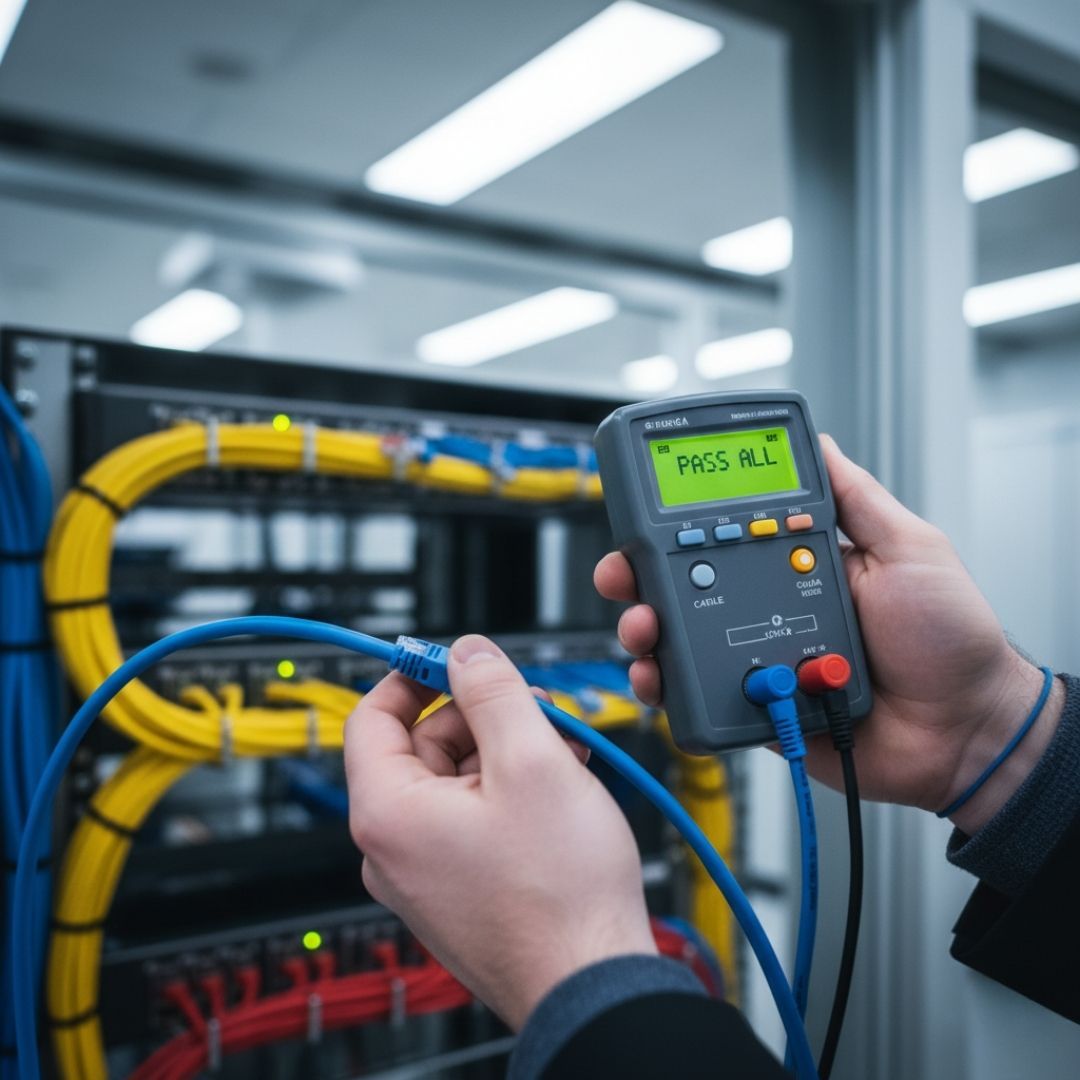  close-up of a technician's hands using a network cable tester