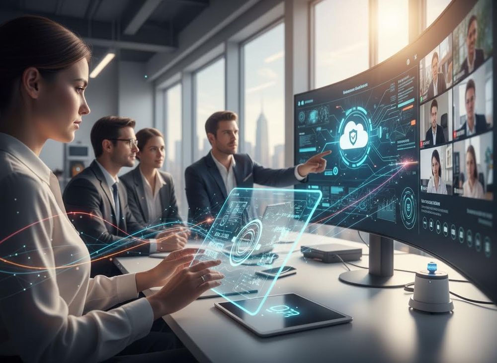 Business professionals using advanced technology for data analysis and virtual collaboration