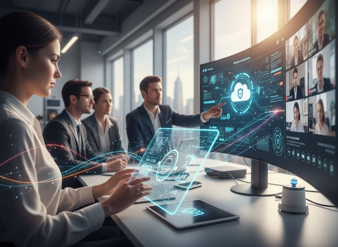 Business professionals using advanced technology for data analysis and virtual collaboration
