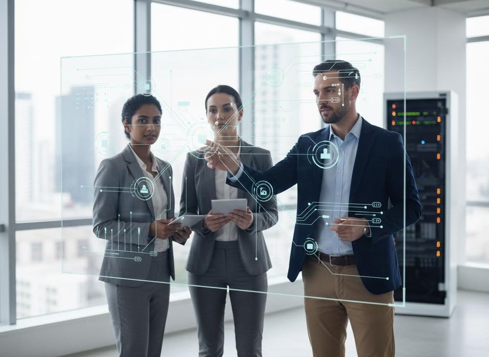 Business professionals interacting with a virtual interface