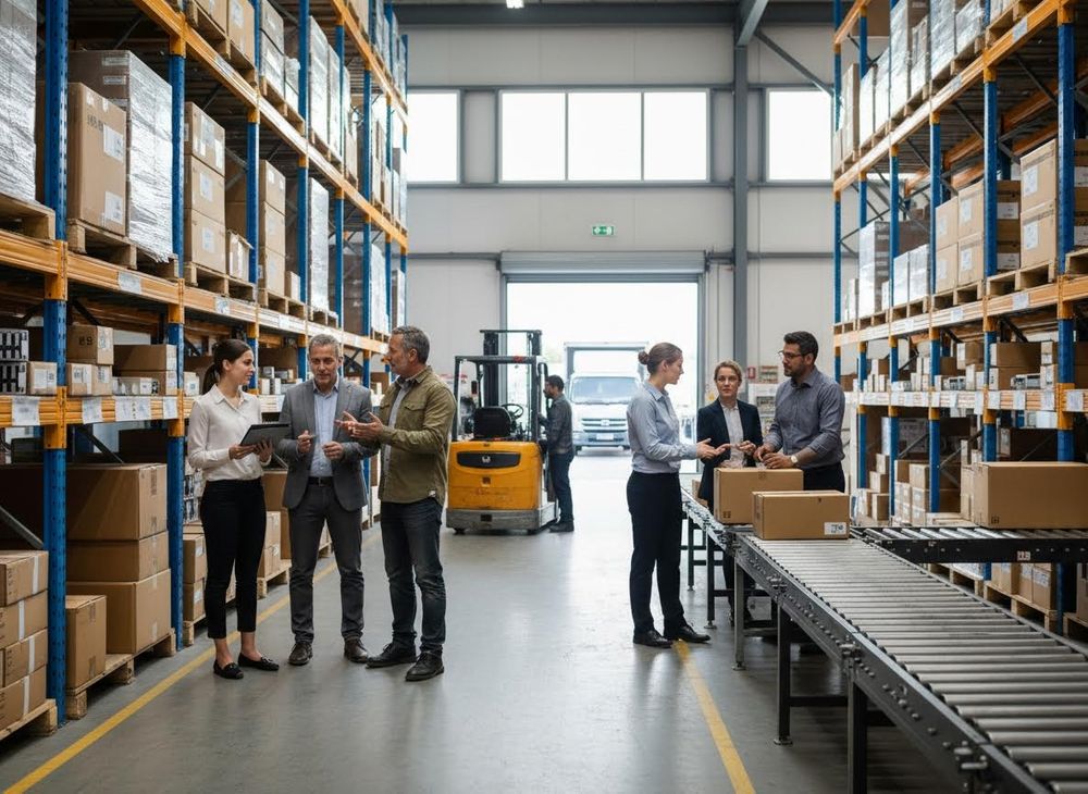 Six business professionals engage in discussions within a large, modern warehouse with stacked boxes, a forklift, and a conveyor belt system. Business Professionals Discussing in a Warehouse