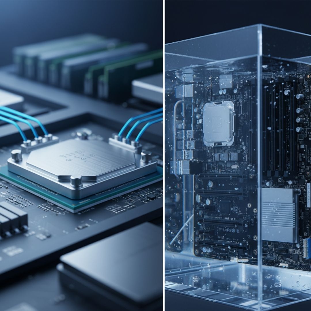 Conceptual image illustrating the difference between direct-to-chip cooling (cold plate) and full server immersion cooling in a clear fluid.