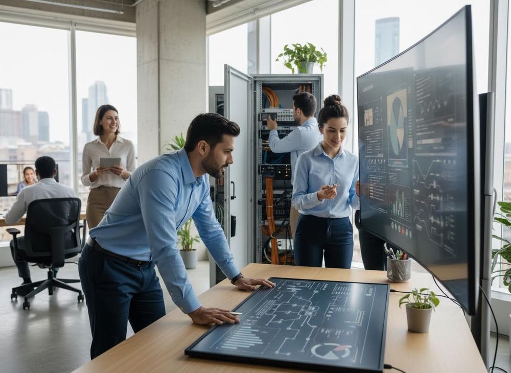 A team of IT professionals analyzing data on large screens and managing server racks in a modern, bright office overlooking a city. IT professionals collaborating on data and network management