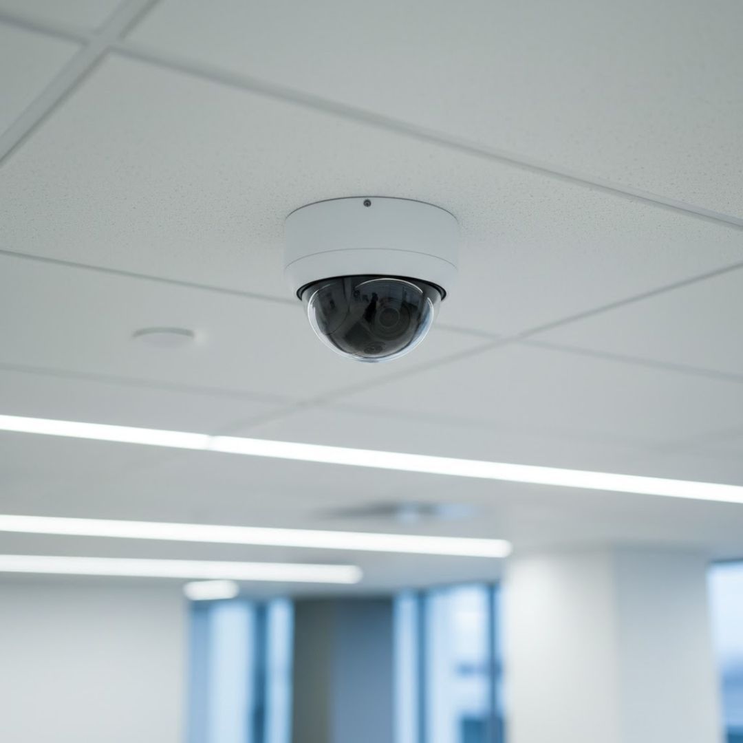 a flush-mounted PoE dome security camera on a clean ceiling