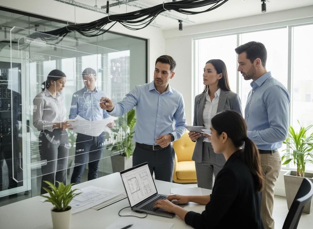 A diverse team of professionals collaborates in a modern office, with one man pointing at a transparent screen displaying data, and a woman using a laptop. Business Team Analyzing Data on Transparent Display