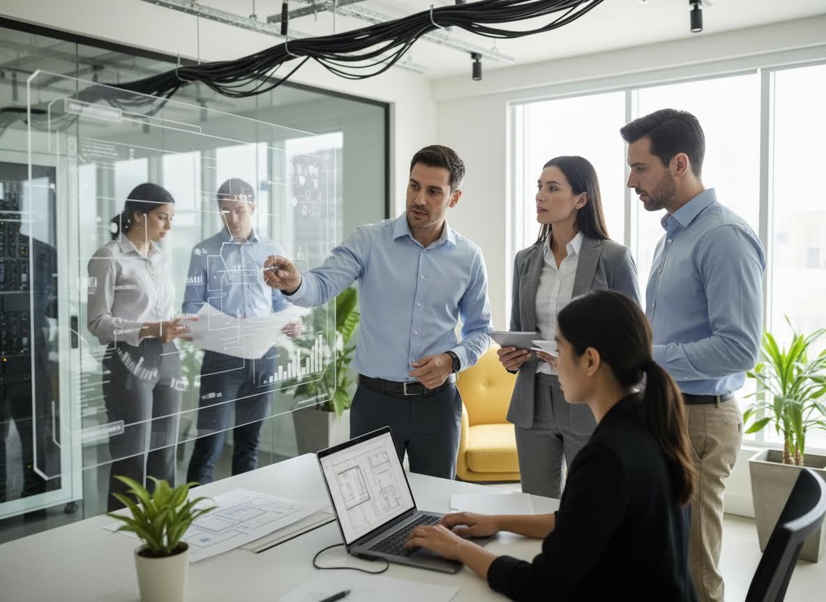 Business Team Analyzing Data on Transparent Display