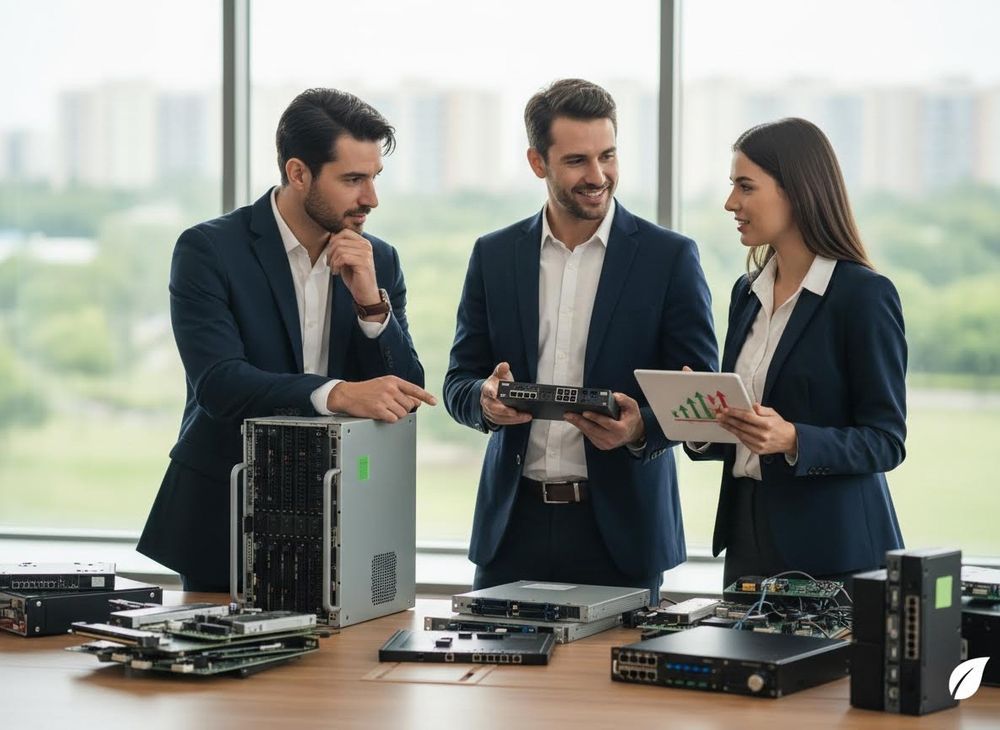Three business professionals analyze server components and network equipment, with one holding a tablet showing growth charts. IT Professionals Discussing Network Hardware and Data