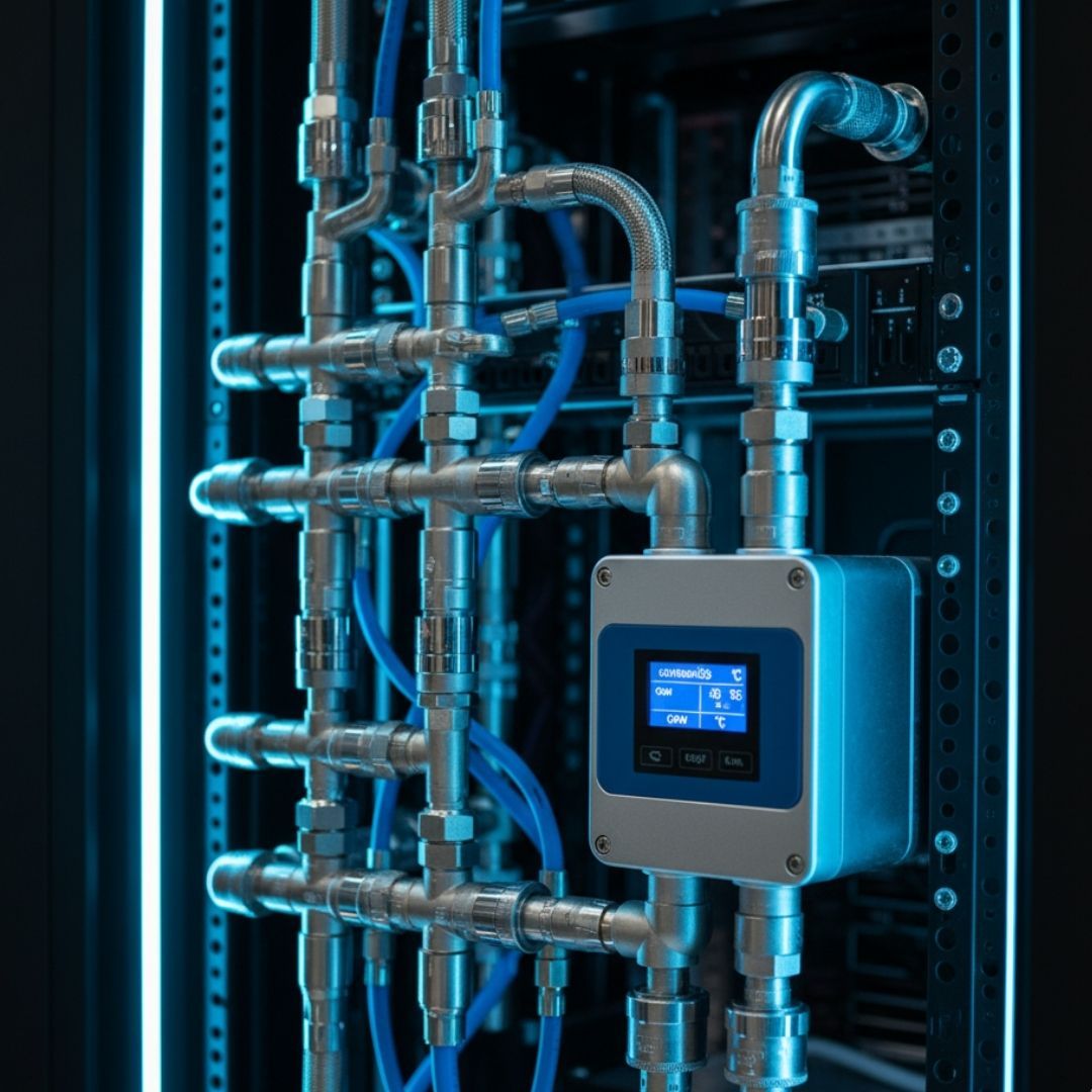 Close-up shot of complex, neat plumbing and connections for a cooling distribution unit (CDU) in a liquid-cooled IT environment.