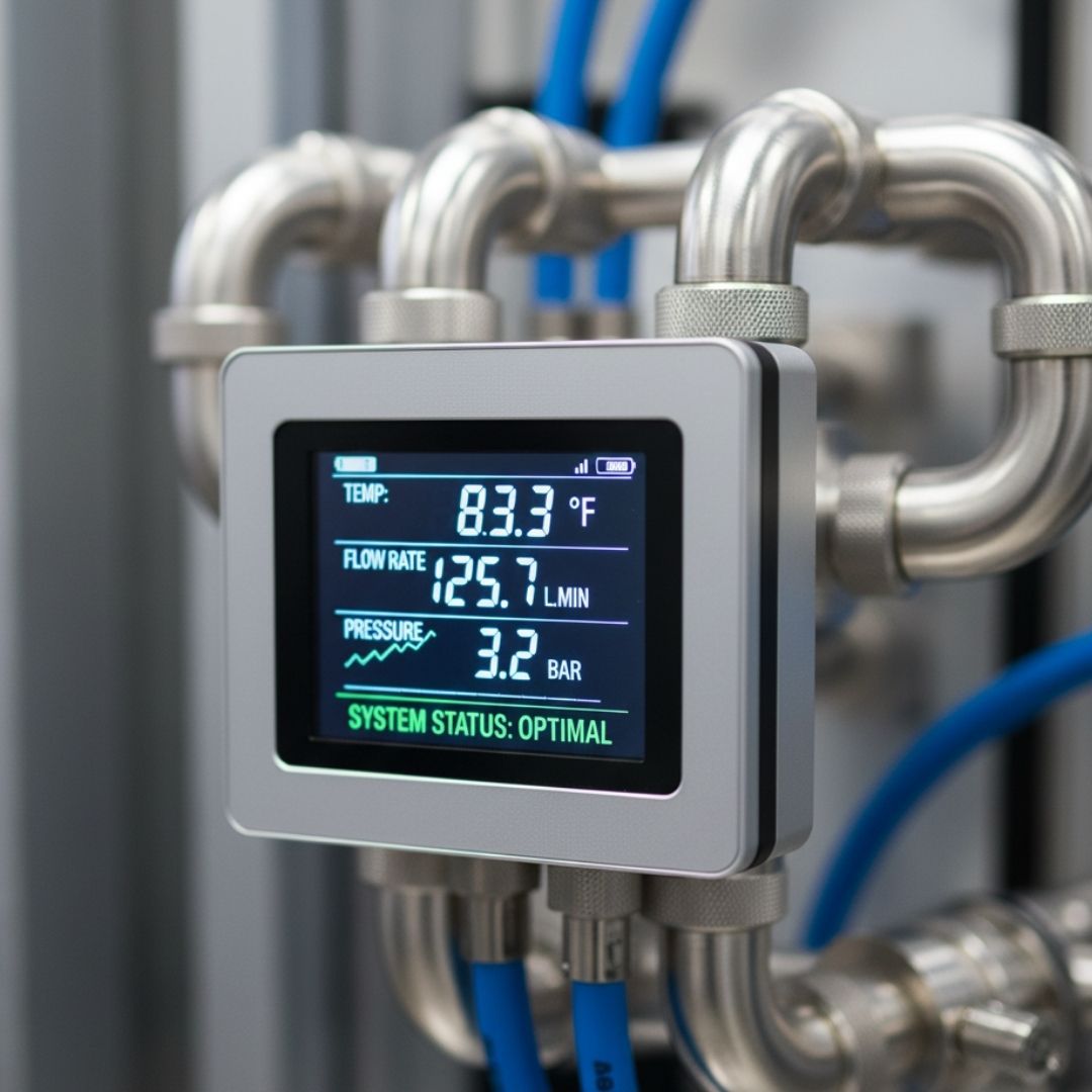 Digital screen displaying high-tech performance metrics and flow rate on a liquid cooling system component, representing maintenance and efficiency.