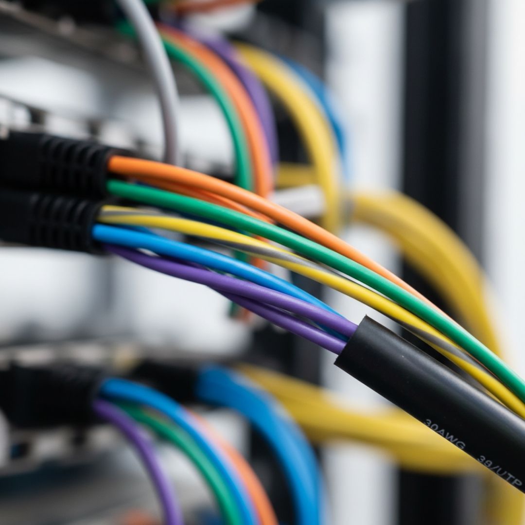 close-up macro photograph of a bundle of high-quality, colorful Cat6a Vertical Cable network wires