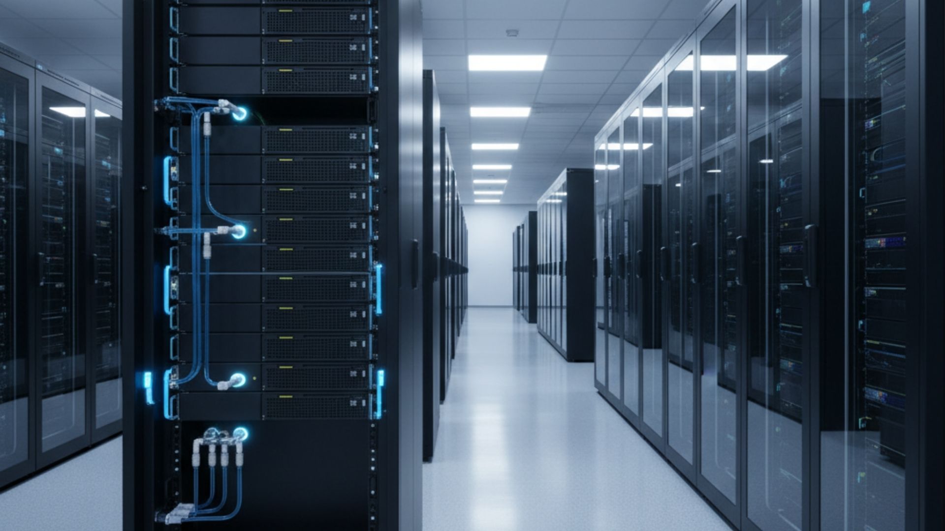 A wide, horizontal view of a modern data center server rack featuring blue liquid cooling tubes, representing advanced server rack cooling technology. A wide, horizontal view of a modern data center server rack featuring blue liquid cooling tubes, representing advanced server rack cooling technology.