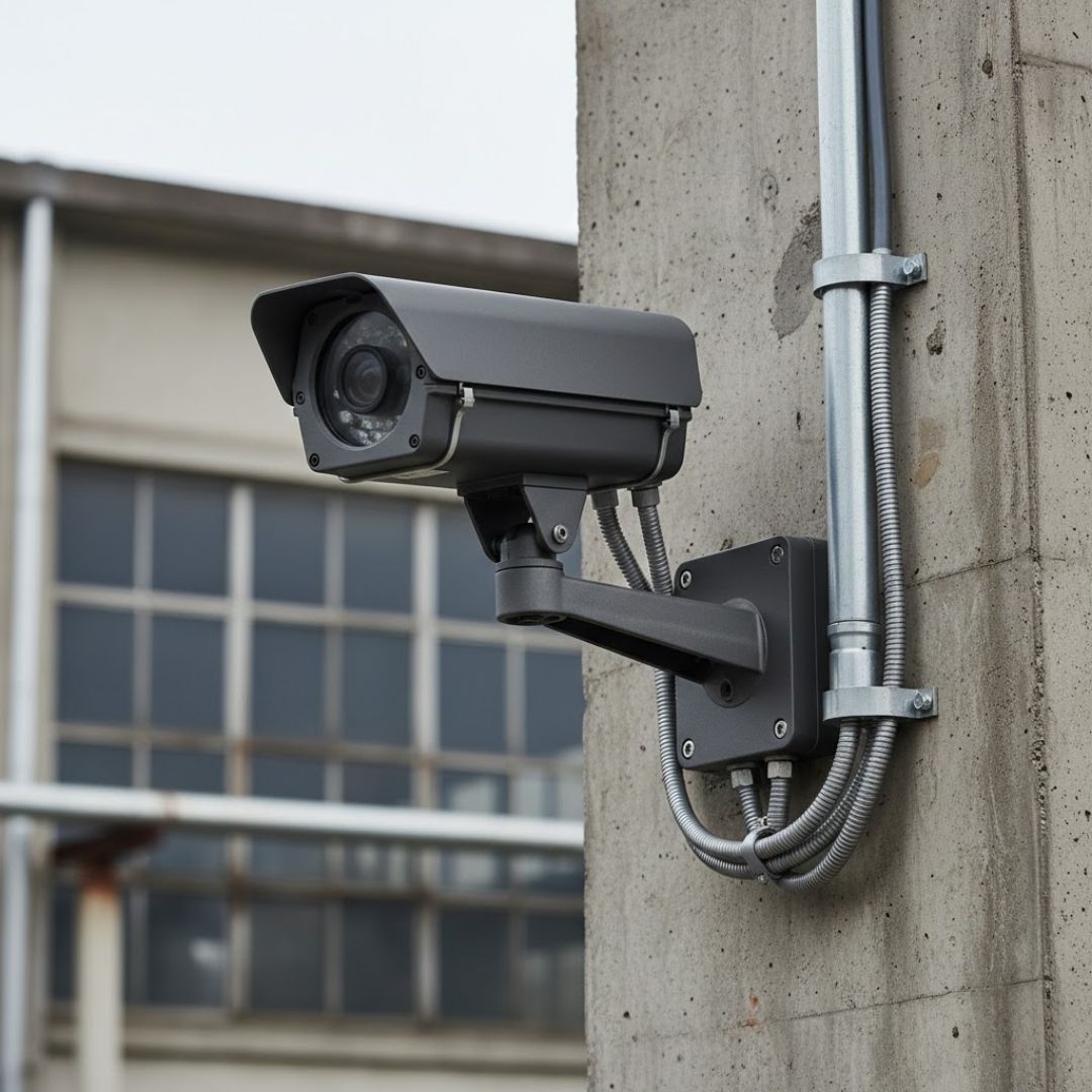a heavy-duty security camera in an industrial setting, featuring thick protective conduits and professional wiring for maximum reliability
