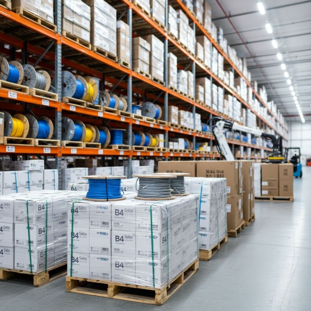 bright warehouse aisle stacked with boxes of bulk cable and networking equipment