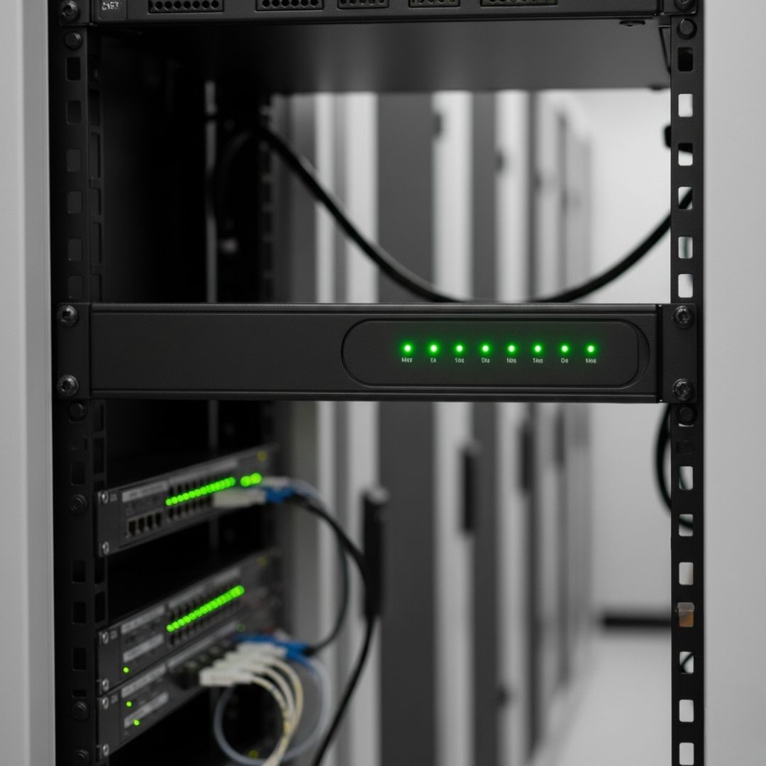 black APC uninterruptible power supply (UPS) unit installed in a server rack with green indicator lights on