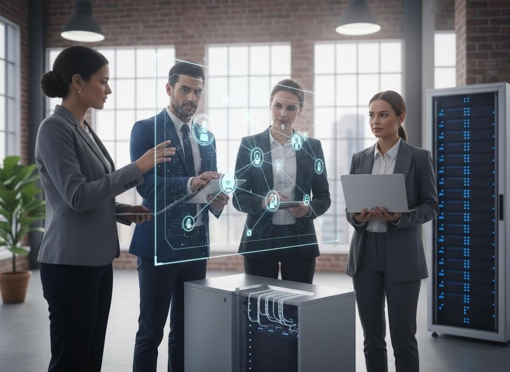 Four professionals in a server room analyze a holographic display of a data network with user icons, showcasing modern data management. Business professionals analyzing holographic data network