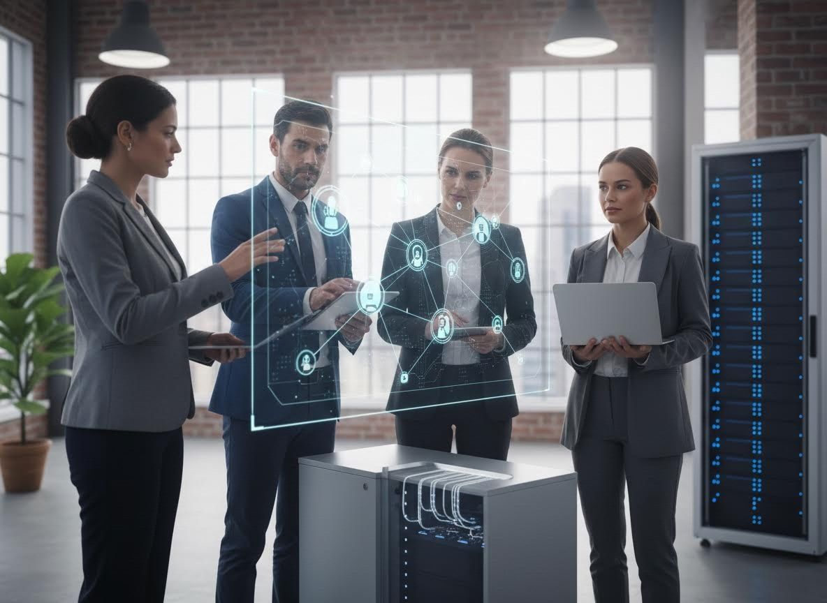 Business professionals analyzing holographic data network