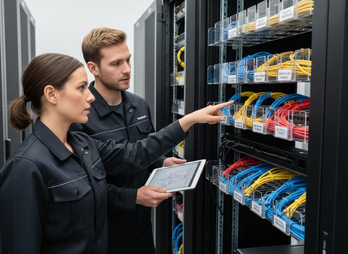 IT professionals organizing and inspecting data center cables