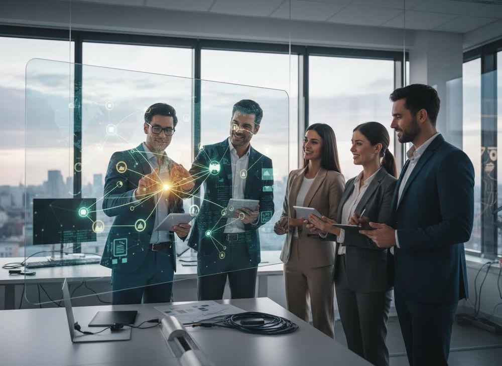 Four professionals in suits, two men and two women, collaborate around a transparent screen displaying a glowing network visualization in a modern office. Business Team Interacting with Holographic Display