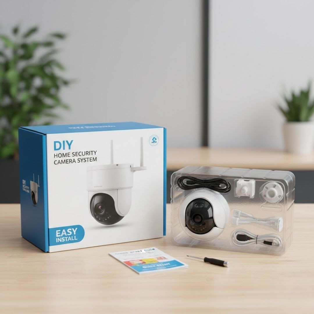 a retail security camera box and basic plastic camera components sitting on a wooden desk