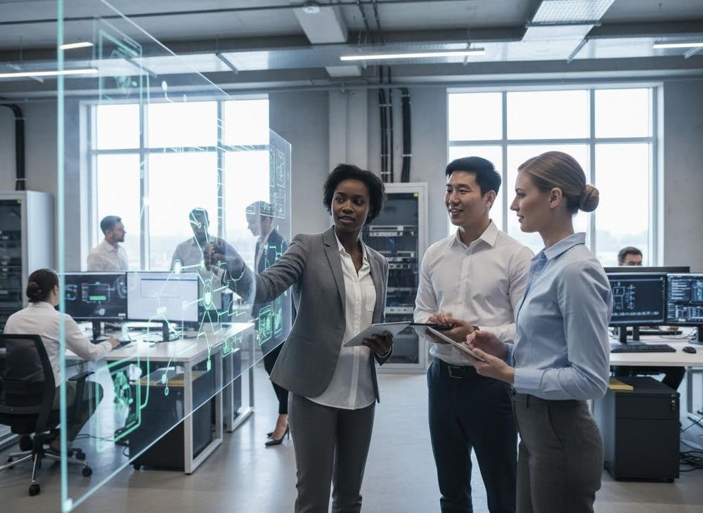 Diverse Team Collaborating on Holographic Data Display