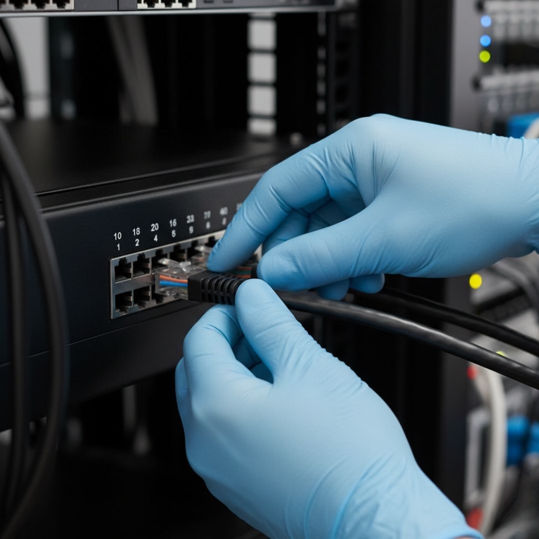 IT technician's hands plugging a network cable into a patch panel