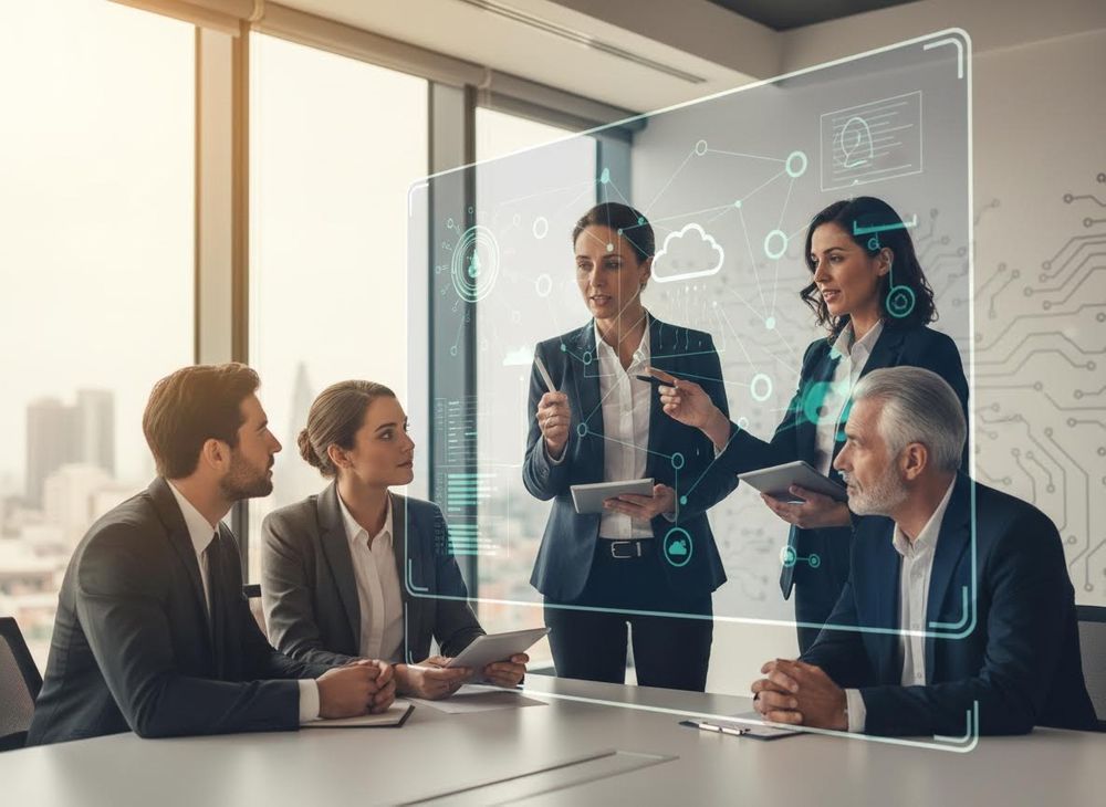 A team of business professionals collaborate in a modern office, utilizing an interactive holographic display to analyze data and discuss strategies. Business Team Using Holographic Display in Meeting