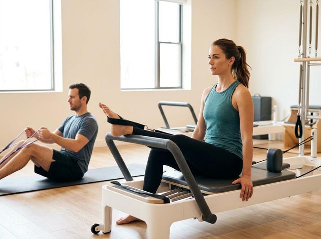 Man and Woman Exercising in a Pilates Studio