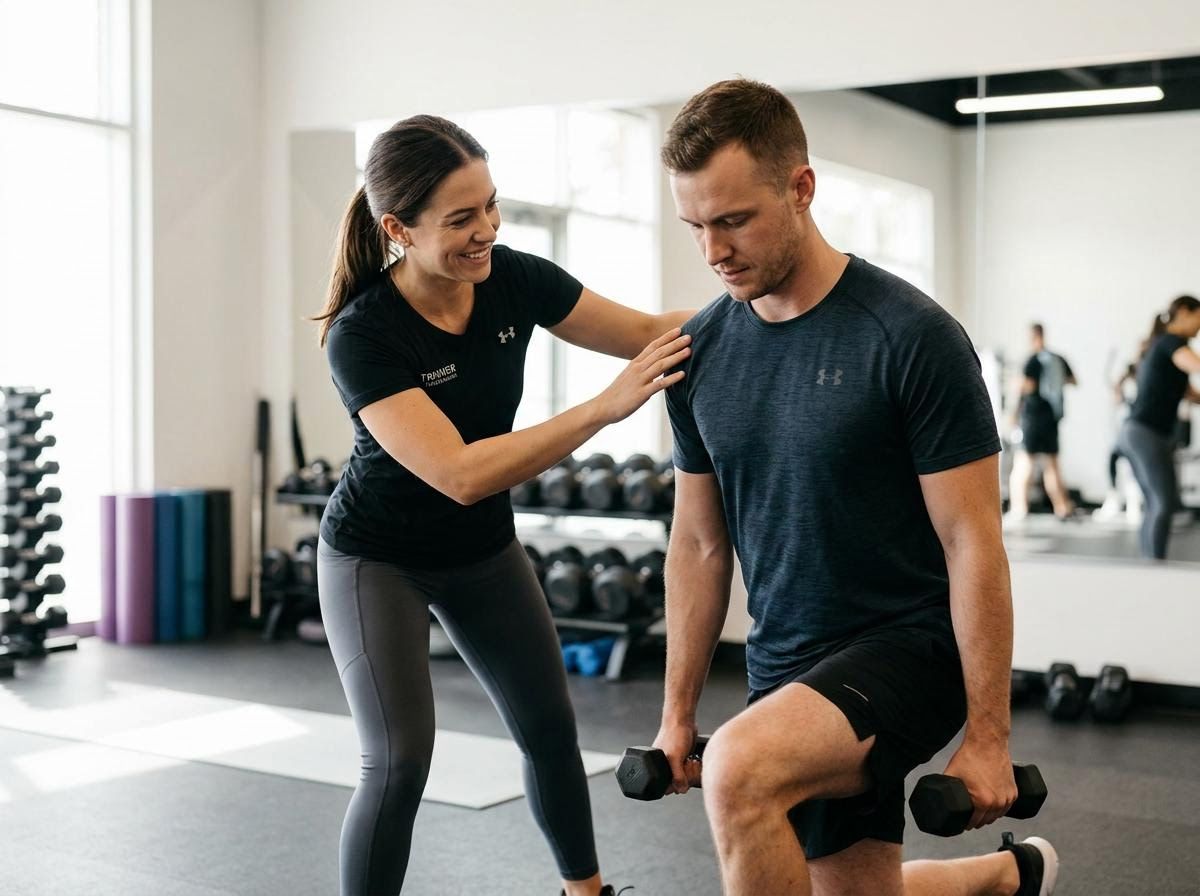 Personal Trainer Assisting Client with Dumbbell Lunges
