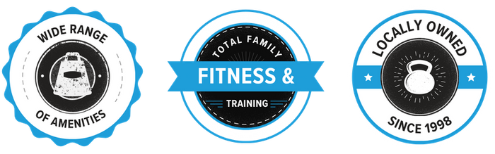 three trust badges that read "wide range of amenities," "total family fitness and training," and "locally owned since 1998."