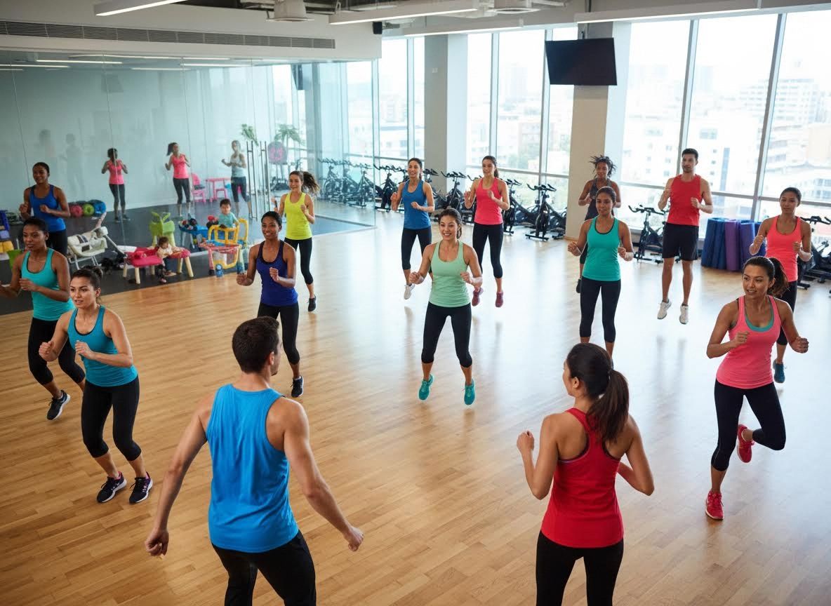 Diverse group exercising in a bright gym
