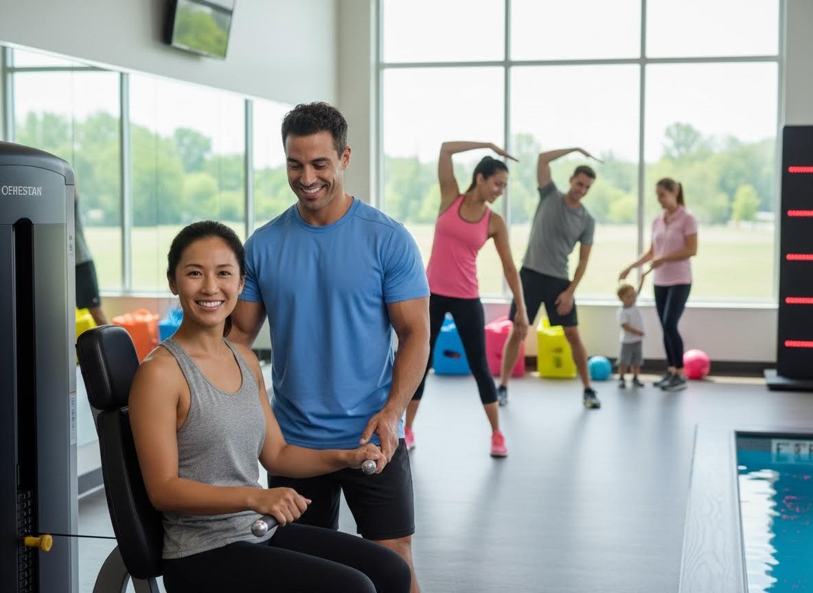 Woman working out with a personal trainer at a modern gym