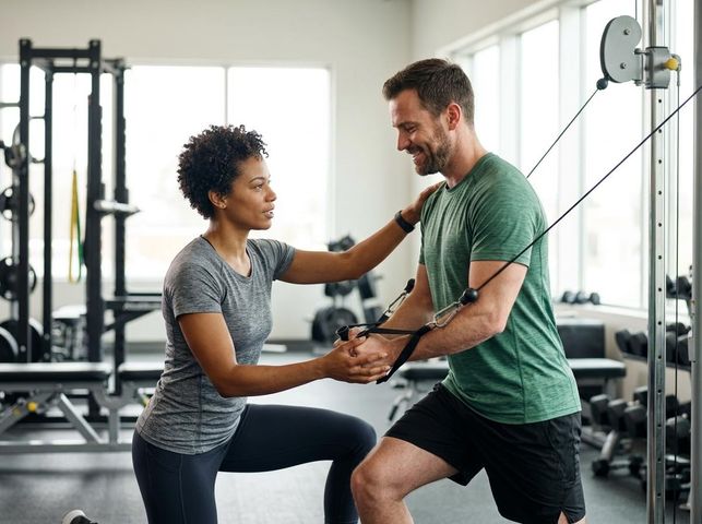Personal Trainer Guiding Client on Cable Machine