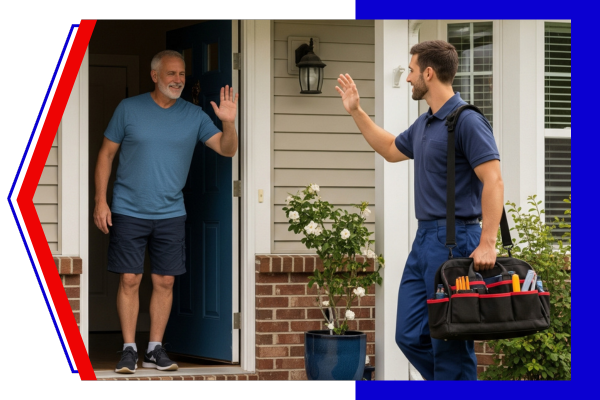 A friendly homeowner waves from their doorway to a professional HVAC technician who is also waving back, approaching the house with a tool bag for an AC installation appointment.