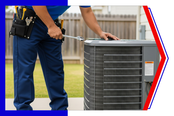 AC tech standing next to an AC unit outside of a home.
