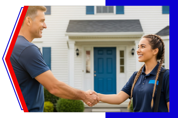 A homeowner shakes hands with a technician outside their home after a successful AC maintenance check, signifying satisfaction and trust.