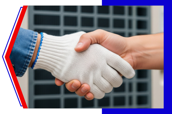 A close-up of a technician's gloved hand and a homeowner's hand shaking over a completed AC unit, symbolizing trust and satisfaction.