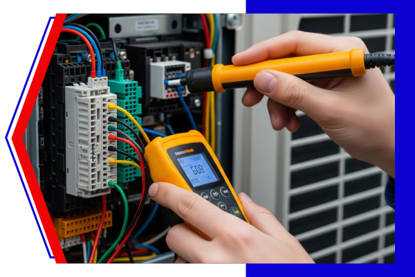 Close-up of a technician's hands using a diagnostic tool on an AC unit's control panel, highlighting the intricate wires and screen for accurate problem-solving.