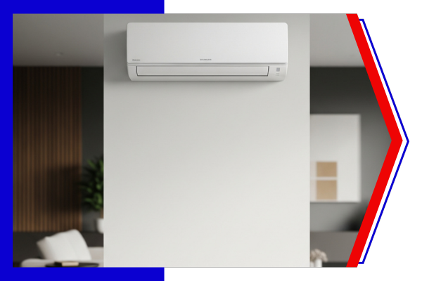 A clean, professional stock image of a modern mini-split air conditioning indoor unit mounted on a wall in a contemporary living space.
