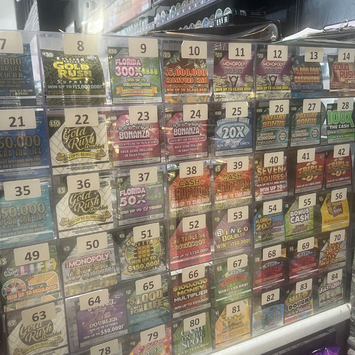 lottery tickets behind a glass case