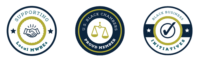 Trust badges highlighting supporting local MWBEs, U.S. Black Chambers proud member, and black business initiatives