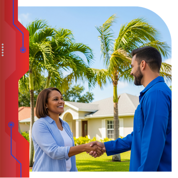 Homeowner shaking hands with an HVAC technician