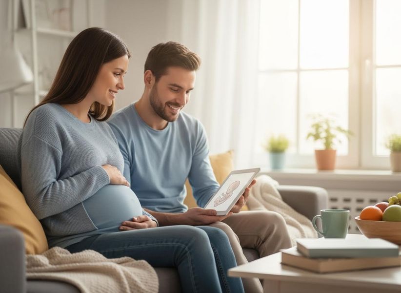 Expectant Parents Viewing Fetus Illustration